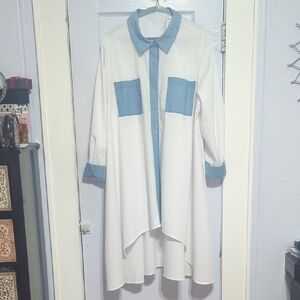 White and Blue Button-Up Shirt Dress